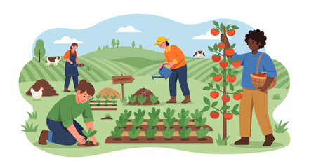 Naklejka premium Diverse people farming organic vegetables and fruits in a lush green landscape