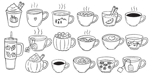 Obraz premium Autumn Hot Drinks Hand Drawn Doodle Set, Coffee Tea Cocoa Seasonal Cups, Simple Naive Vector Drawing