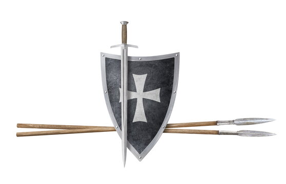 sword black shield and lances isolated on white