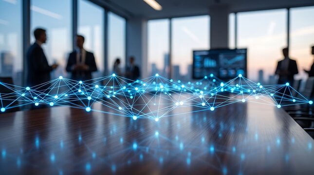 Corporate boardroom with glowing digital network connections on table representing global data integration and advanced business communication technology in modern office