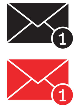 Minimalist email notification icons, black and red envelope symbols with number one badge, flat vector mail alert set for interface design