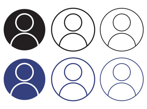 Minimalist user profile icon set, 6 avatar vector symbols for web interface, black and blue circular person silhouette buttons for login and account