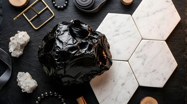Large raw obsidian stone resting beside polished white marble hexagonal tiles on a dark textured background with various craft supplies