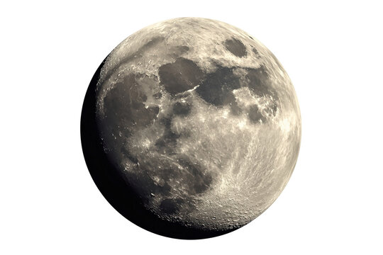 Moon displaying countless craters and dark patches across its surface, bathed in sunlight, revealing crisp lunar details