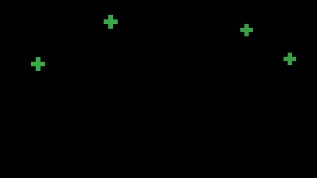 Healthcare expansion, medical growth, and positive development concept represented by rising green plus signs. Chroma key green screen with alpha channel.