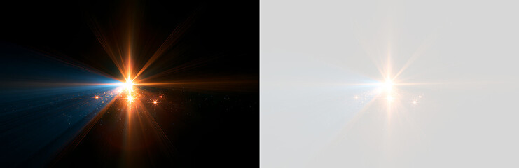 Radiant orange and blue starburst light effect on black and transparent backgrounds. Glowing lens flare with sparkles and rays. Abstract magic dust overlay © Николай Mовчан