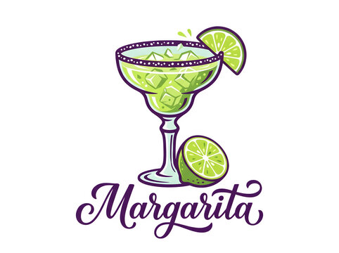 Margarita cocktail illustration with lime slice and ice cubes isolated on transparent background