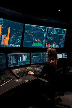 Female engineer monitoring industrial control systems from executive control workstation