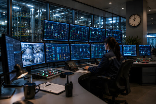 Female industrial plant operator working with multiple monitoring screens in modern control room