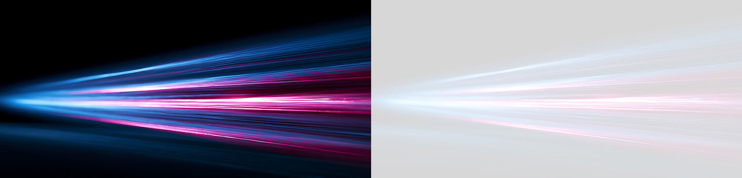 High speed light trails in blue and magenta neon colors. Dynamic motion blur speed lines isolated on black and transparent background. Futuristic technology concept
