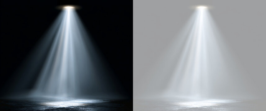 Conical spotlight beam with warm flare on a reflective floor. Stage light effect isolated on black and transparent background