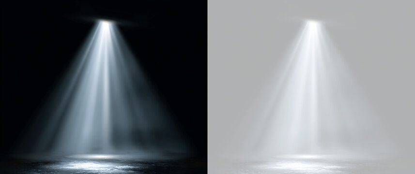 Wide spotlight beam with haze shining on a reflective floor. Stage light effect isolated on black and transparent background
