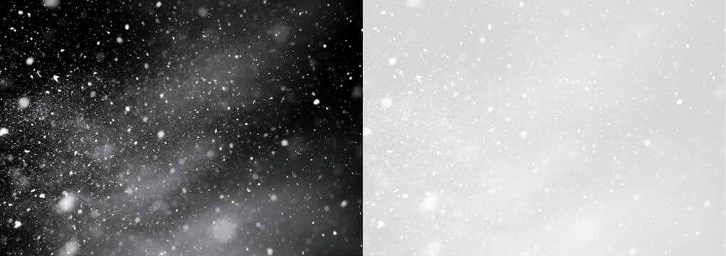 Dense winter blizzard overlay on black and transparent background. Realistic heavy snowfall banner. Christmas holiday design template