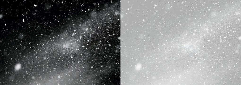 Falling snow overlay effect on black and transparent background. Realistic winter blizzard and snowflake particles design element