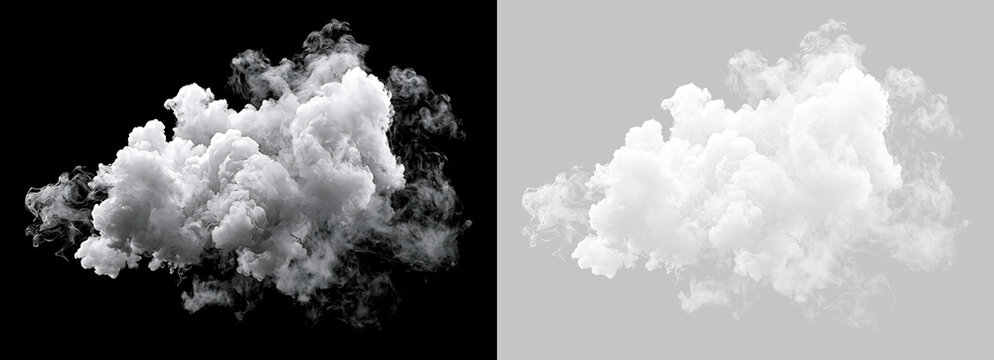 Volumetric white smoke cloud isolated on black and transparent background. Realistic steam puff and fog design element