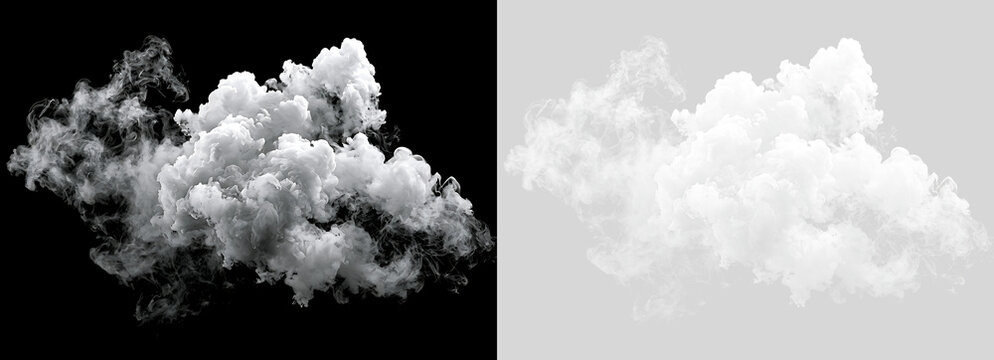 Dispersed white cloud and smoke plume on black and transparent background. Volumetric steam and fog overlay element