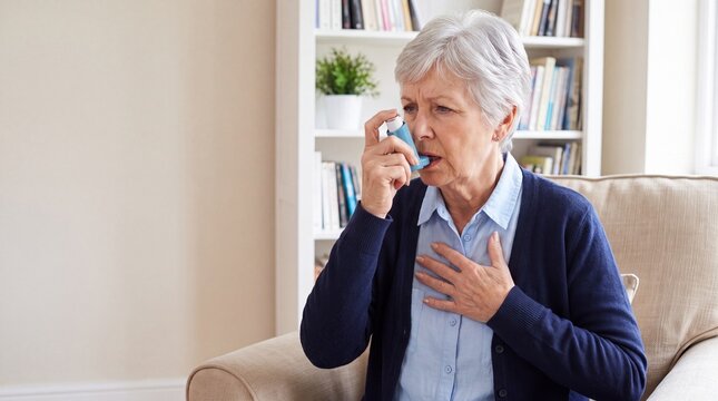 Senior woman using inhaler for asthma relief while sitting on a sofa in a cozy living room with bookshelves in the background