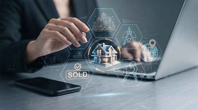 3d isometric view of modern house with sold sign and construction site elements