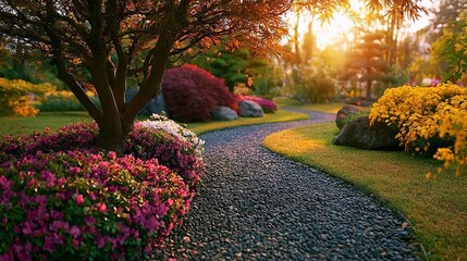 Obraz premium Beautiful landscape garden with a scenic gravel footpath and vibrant spring flowers at sunrise time