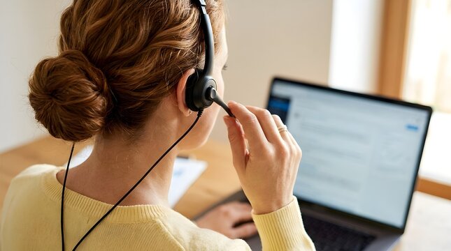 Professional customer support representative with headset working on laptop, female call center agent at desk, telemarketing and remote assistance