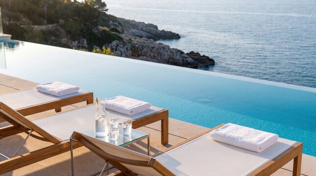 A serene poolside scene with lounge chairs and a stunning ocean view.