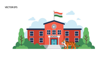 Fototapeta premium School building with tiger and Indian flag