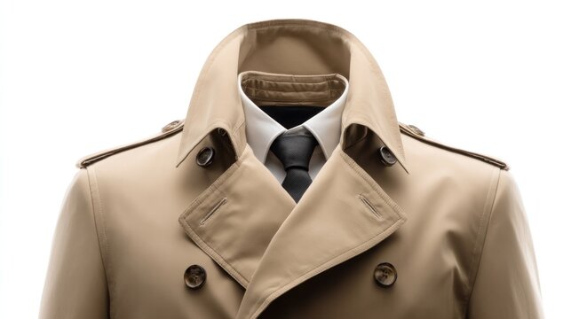 A close-up showcases a tan trench coat over a white dress shirt and black tie, buttoned up. The crisp collar and lapels are visible against white