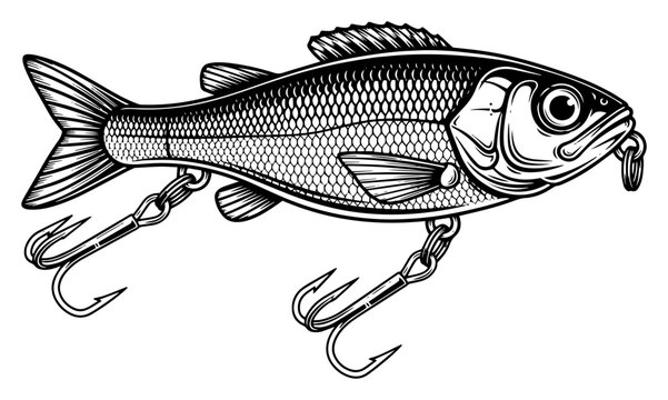Fishing lure wobbler illustration with treble hooks vintage fishing tackle and bait gear outdoor angling hobby equipment black and white vector art