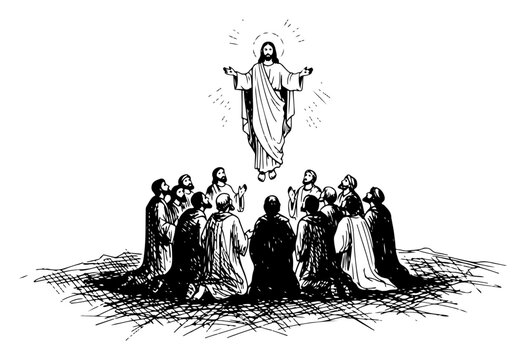 Ascension of Jesus Christ illustration with disciples biblical religious scene of christ rising to heaven christian faith and spirituality sketch black and white vector