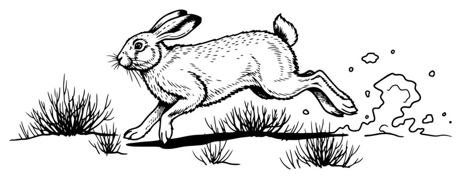 Wild rabbit running through grass illustration jumping hare in nature field sketch wildlife animal action scene black and white vector art