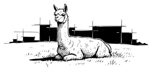 Alpaca lying in field with modern architecture background llama domestic animal in urban farm landscape illustration black and white vector sketch © JakubVectorSketch