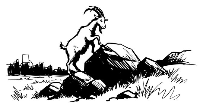 Goat on rocks in mountain landscape illustration wild mountain goat climbing stones sketch rural nature scenery black and white vector art