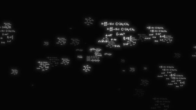 Black science formula visual with floating white equations, glowing diagrams, and scattered academic particles. Perfect for tutorial videos, research screens, classroom intros, and education overlays.