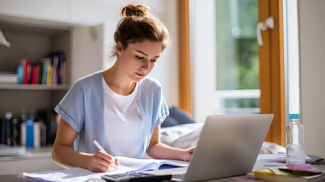 Young woman studying at home, taking notes in front of a laptop in a bright room. Distance learning and remote education concept.