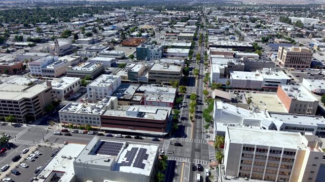 aerial high fast push to downtdown bakersfield california