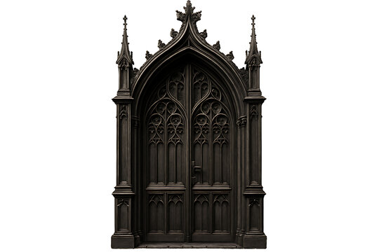 Dark ornate Gothic double door with intricate wooden carvings, arched frame, and tall spires isolated on a black background.