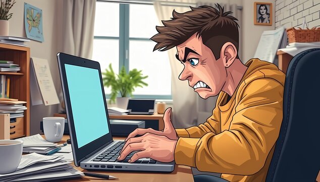 Angry young man working on laptop, frustrated by computer issues or a difficult task, cartoon vector illustration of a stressed male user at his home office desk, side view, technology problem.