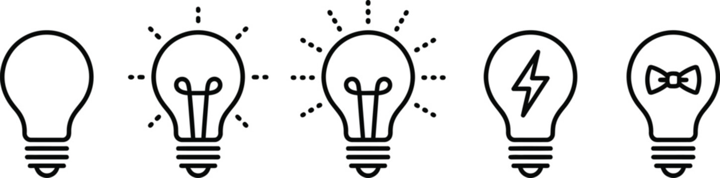 Set of light bulb idea icons representing creativity and innovation in varied graphic styles with lightbulb creativity innovation thinking solution inspiration knowledge