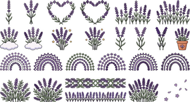 Lavender floral collection featuring bouquets wreaths borders rainbows hearts and botanical decorative elements for elegant vector designs