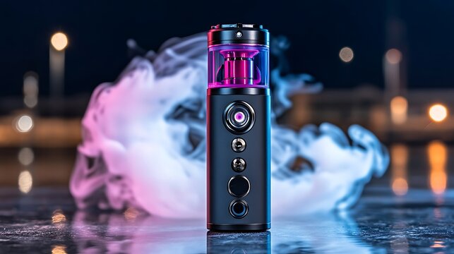 Electronic vaporizer device emitting colorful smoke with bokeh background