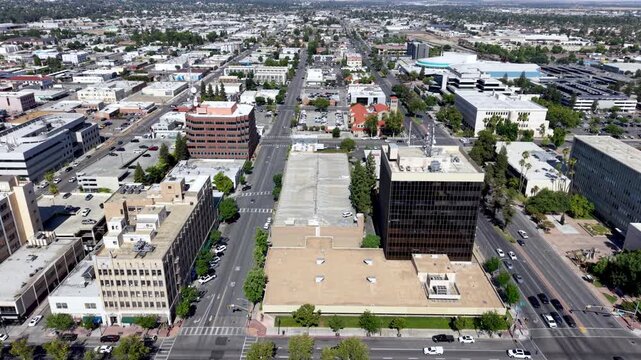 aerial orbit of downtown bakersfield california