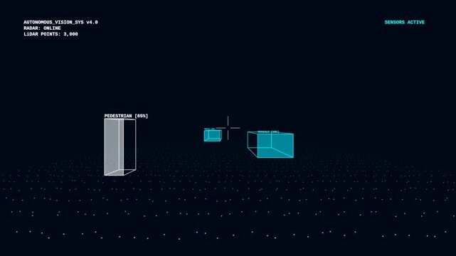 Futuristic autonomous vehicle sensor interface detecting obstacles in digital 3d lidar environment.