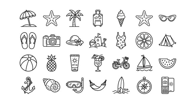 Create a premium Adobe Stock vector set featuring exactly 25 completely unique elements related to Summer Vacation.black and white , white background 

