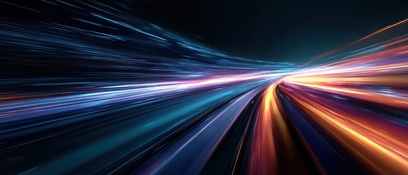 Abstract light streaks create a sense of fast movement through a tunnel
