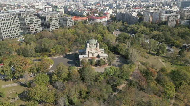 Historic Cenusa Crematorium Building In Park Bucharest City Romania Europe Drone Circling 4K 30FPS