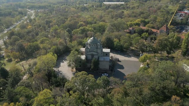 Gothic Style Cenusa Crematorium Bucharest City Romania Drone Track In Close Up 4K 30FPS