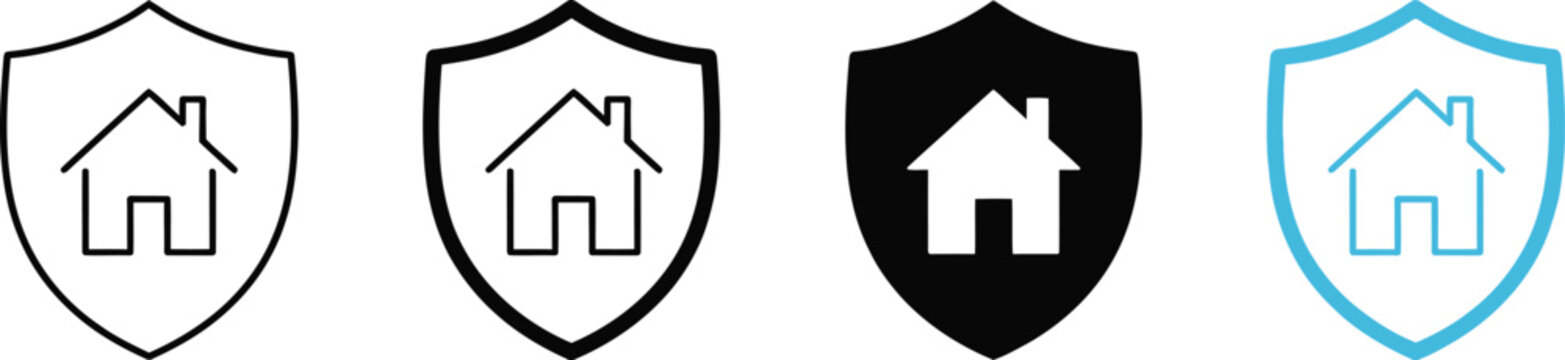 Set of four home shield icons for security and protection concepts with protection security insurance collection interface property residential business minimalist guarantee