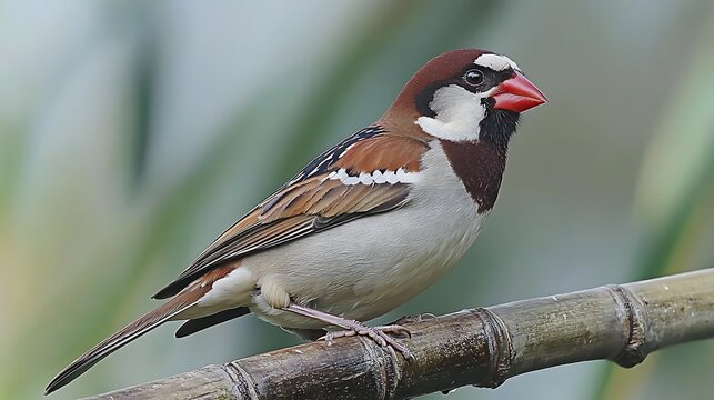 Small bird perched on a bamboo branch with blurred green background