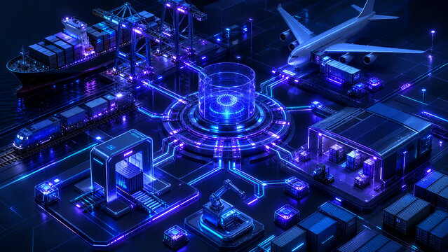 Futuristic Intermodal Cargo Hub With Ship, Plane and Train