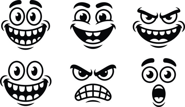 Cartoon face expression vector icon set, funny comic mouth and eye silhouettes showing diverse emotions